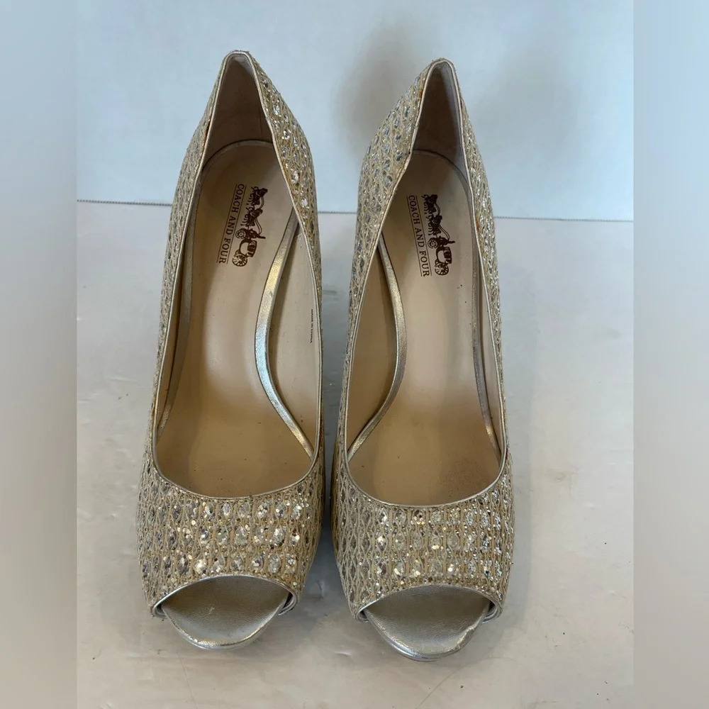 Coach Silver Glitter Peep Toe Stilettos Heels Shoes Size 8 1/2 M